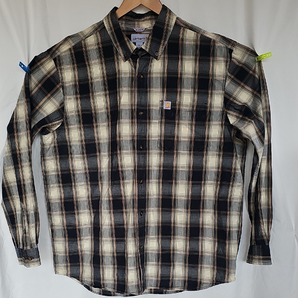 Carhartt Men's Plaid Button-Down Shirt - Black and Cream